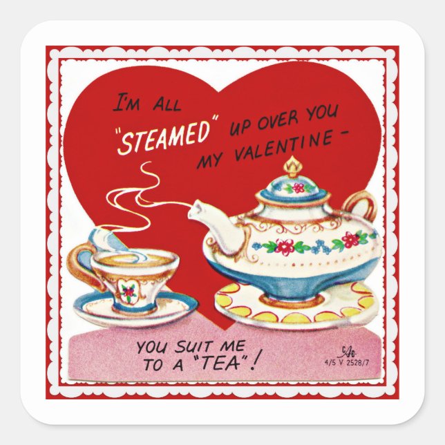 Retro Valentine Tea Cup and Teapot Square Sticker (Front)