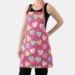 Retro Valentine's Candy Hearts on Hot Pink Apron