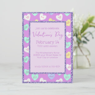 Retro Valentine's Day Candy Hearts on Purple Invitation