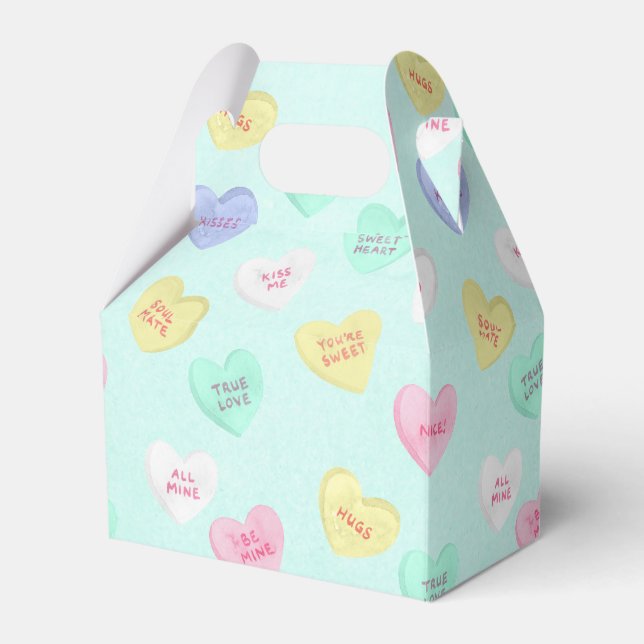 Retro Valentine's Day Candy Hearts on Teal Favor Box (Front Side)