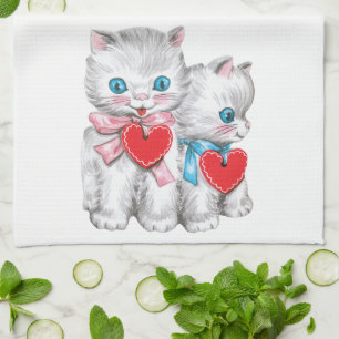 Retro Valentine's Day Cats, Vintage Cute Kitten Kitchen Towel