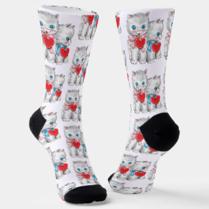 Retro Valentine's Day Cats, Vintage Cute Kitten Socks
