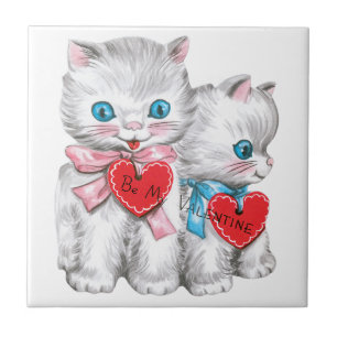 Retro Valentine's Day Cats, Vintage Fluffy Kittens Tile