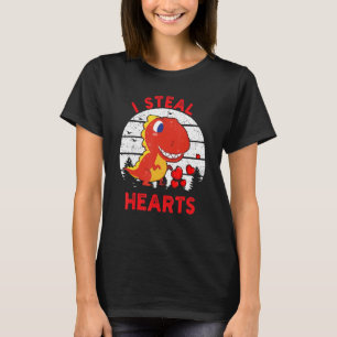 Retro Valentines Day Dinosaur I Steal Hearts Boys  T-Shirt