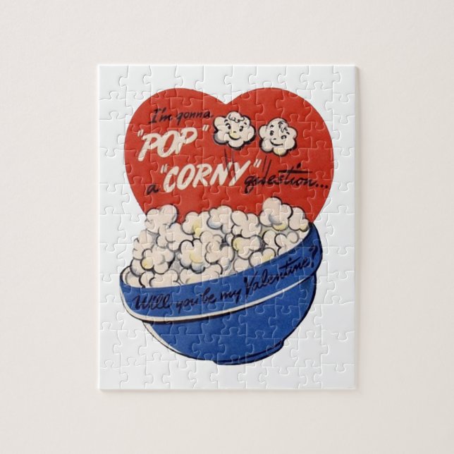 Retro Valentines Day, Popcorn Pop a Corny Question Jigsaw Puzzle (Vertical)