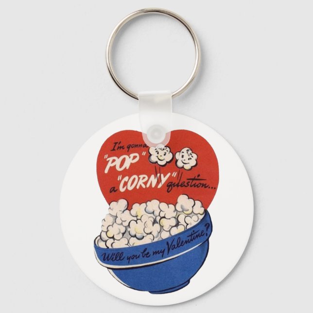 Retro Valentines Day, Popcorn Pop a Corny Question Keychain (Front)