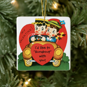 Retro Valentine's Day, Vintage Boy and Girl in Car Ceramic Ornament