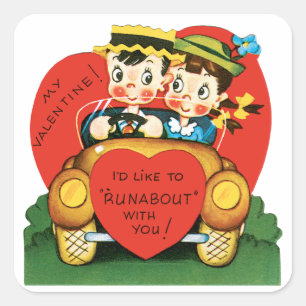 Retro Valentine's Day, Vintage Boy and Girl in Car Square Sticker