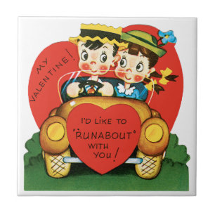 Retro Valentine's Day, Vintage Boy and Girl in Car Tile