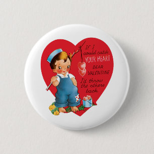 Retro Valentine's Day, Vintage Boy Fishing Hearts 2 Inch Round Button
