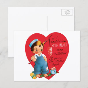 Retro Valentine's Day, Vintage Boy Fishing Hearts Holiday Postcard