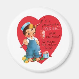 Retro Valentine's Day, Vintage Boy Fishing Hearts Magnet