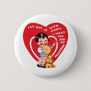 Retro Valentine's Day, Vintage Boy Music Banjo 2 Inch Round Button
