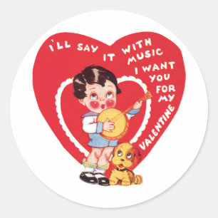 Retro Valentine's Day, Vintage Boy Music Banjo Classic Round Sticker