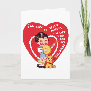 Retro Valentine's Day, Vintage Boy Music Banjo Holiday Card