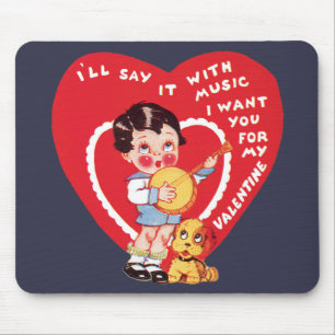 Retro Valentine's Day, Vintage Boy Music Banjo Mouse Pad