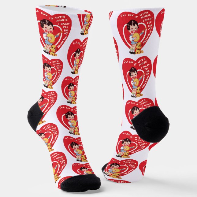 Retro Valentine's Day, Vintage Boy Music Banjo Socks (Angled)