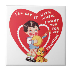 Retro Valentine's Day, Vintage Boy Music Banjo Tile