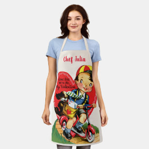 Retro Valentine's Day, Vintage Boy on a Scooter Apron