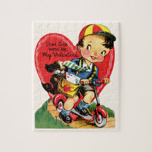 Retro Valentine's Day, Vintage Boy on a Scooter Jigsaw Puzzle