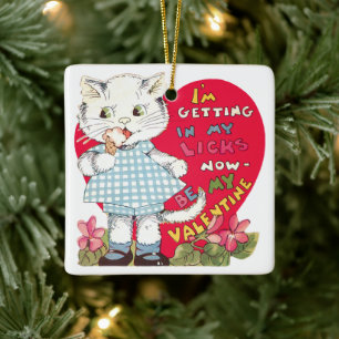Retro Valentine's Day Vintage Cat Eating Ice Cream Ceramic Ornament