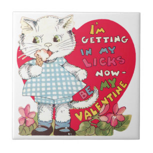 Retro Valentine's Day Vintage Cat Eating Ice Cream Tile