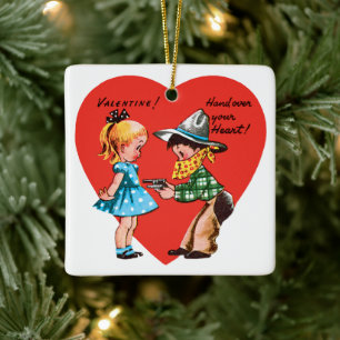 Retro Valentine's Day, Vintage Cowboy with Girll Ceramic Ornament