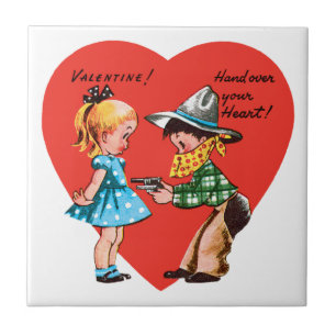 Retro Valentine's Day, Vintage Cowboy with Girll Tile