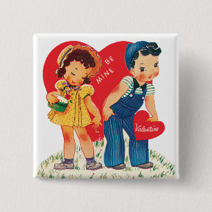 Retro Valentine's Day, Vintage Girl and Boy Hearts 2 Inch Square Button