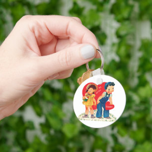 Retro Valentine's Day, Vintage Girl and Boy Hearts Keychain