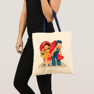 Retro Valentine's Day, Vintage Girl and Boy Hearts Tote Bag