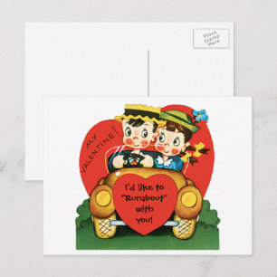 Retro Valentine's Day, Vintage Girl and Boy in Car Holiday Postcard