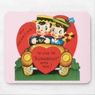 Retro Valentine's Day, Vintage Girl and Boy in Car Mouse Pad