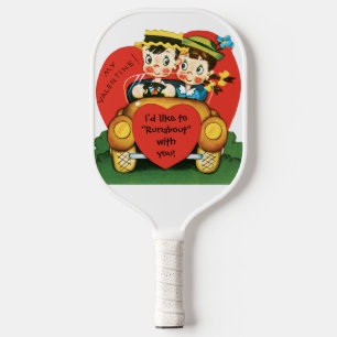 Retro Valentine's Day, Vintage Girl and Boy in Car Pickleball Paddle