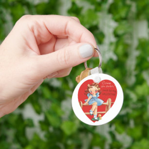 Retro Valentine's Day, Vintage Girl on a Fence Keychain