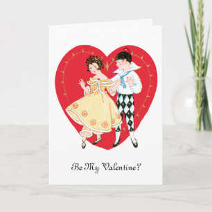 Retro Valentine's Day, Vintage Harlequin and Heart Holiday Card
