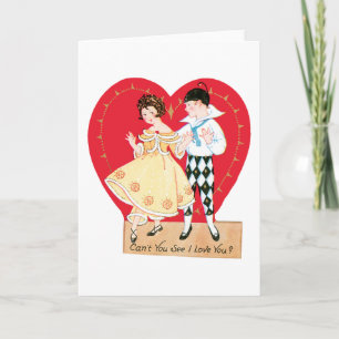 Retro Valentine's Day, Vintage Harlequin and Heart Holiday Card