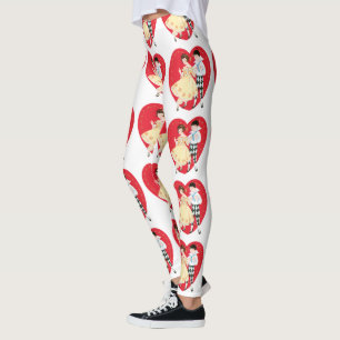 Retro Valentine's Day, Vintage Harlequin and Heart Leggings