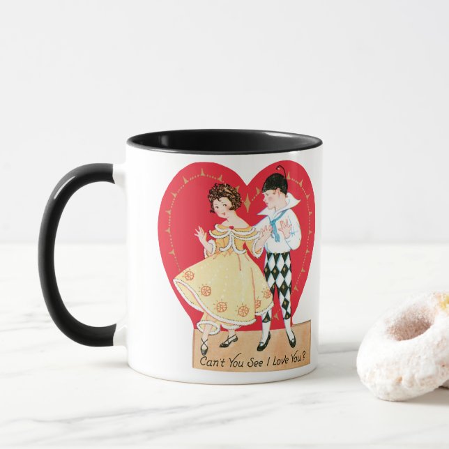 Retro Valentine's Day, Vintage Harlequin and Heart Mug (With Donut)
