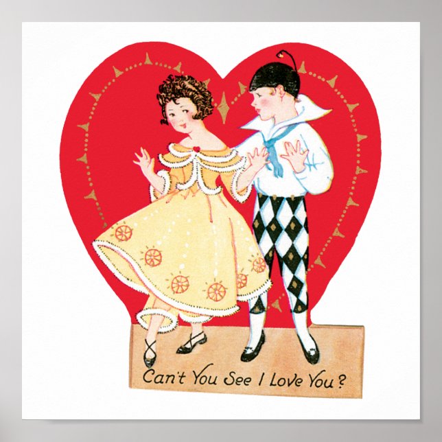 Retro Valentine's Day, Vintage Harlequin and Heart Poster (Front)