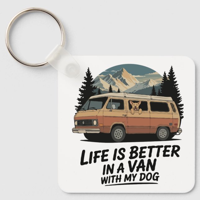 Retro Van Life with Dog Mountain Adventure  Keychain (Front)