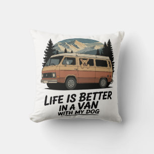 Retro Van Life with Dog Mountain Adventure Throw Pillow