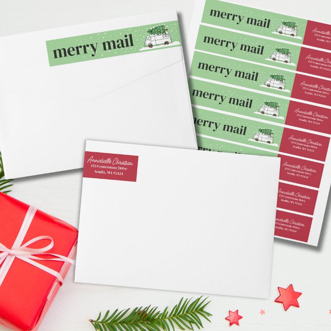 Retro Van Merry Mail Christmas Green and Red Wrap Around Label (Vintage Van with Christmas Tree Green and Red Wrap Around Return Address Labels)