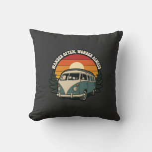 Retro Van Road Trip Sunset Wanderlust Sticker Throw Pillow