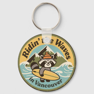 Retro Vancouver Surfing Raccoon Keychain