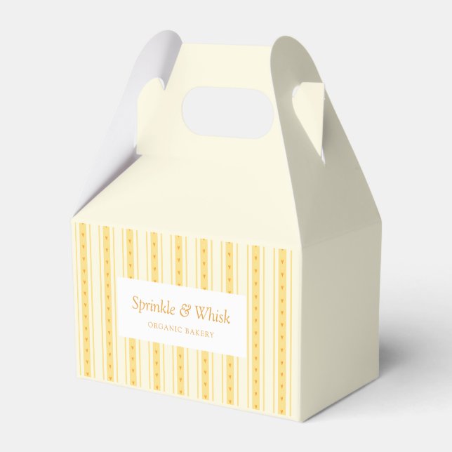 Retro Vanilla Yellow Heart Stripes Bakery Business Favor Box (Front Side)
