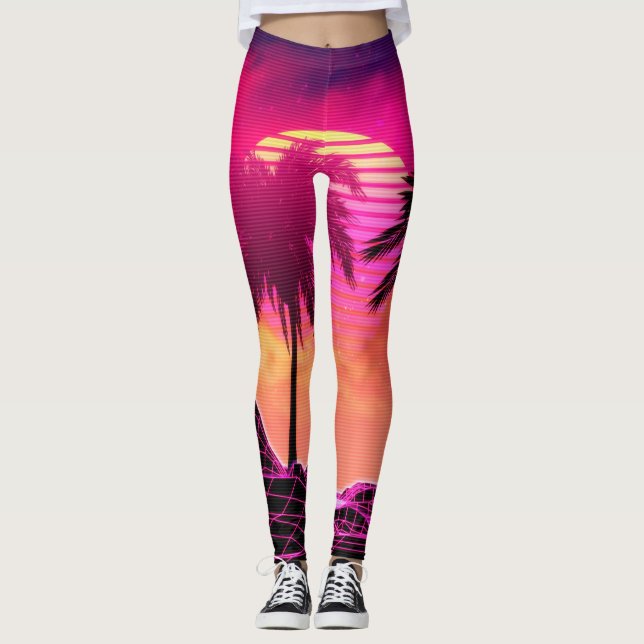 Retro vaporwave landscape with rocks and palms in leggings (Front)