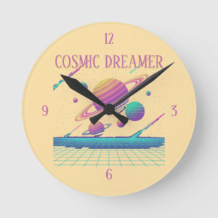 Retro Vaporwave Planets Synthwave Round Clock