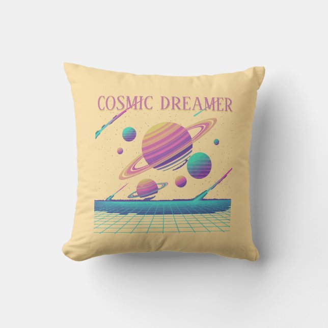 Retro Vaporwave Planets Synthwave Throw Pillow (Front)