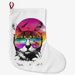 Retro Vaporwave Sunset Cat – 80s Synthwave  Large Christmas Stocking